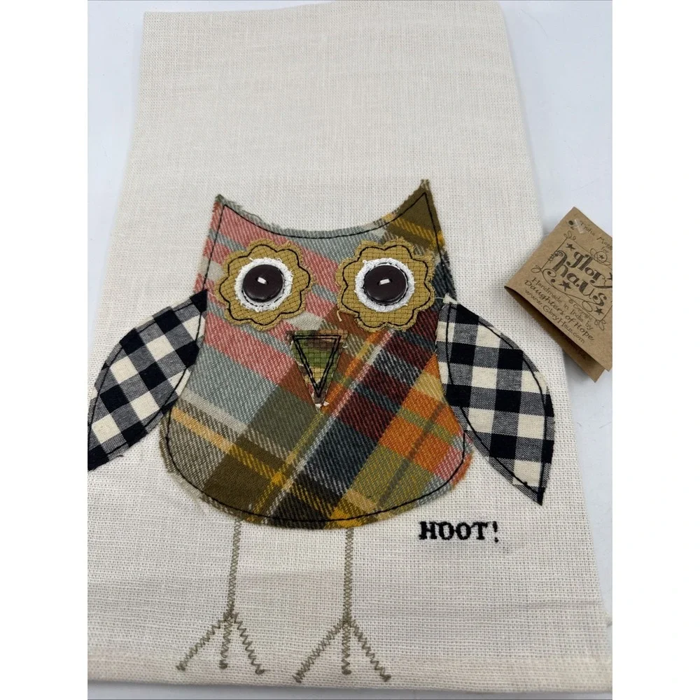 Kitchen Towel Folk Art Owl Tea Dish Towel Cotton Flour Sack Size 19